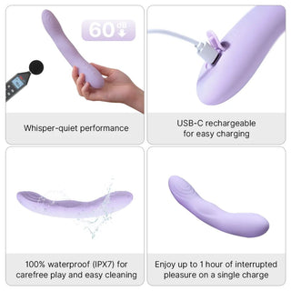 Lavendelfärgad silikonvibrator med mjuk, böjd design och integrerade reglage.