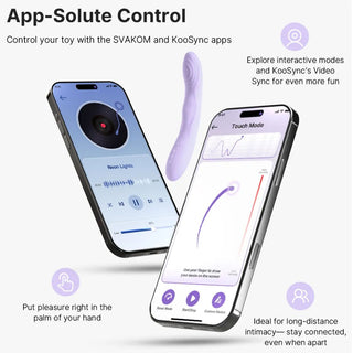 Svakom Selena Heated vibrator i lavendel, med en slät silikondesign, visas på två smarttelefonskärmar.