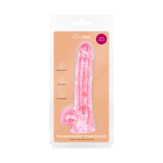Genomskinlig rosa gelédildo med testiklar, 13 cm lång, med sugkopp i botten.