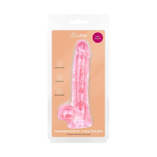 Genomskinlig rosa gelédildo med testiklar, 13 cm lång, med sugkopp i botten.