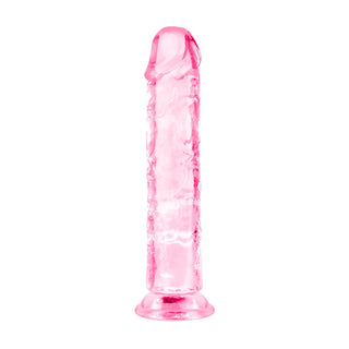Rosa, genomskinlig gelédildo utan testiklar, 18 cm lång, med sugfot, avbildad stående upprätt mot en vit bakgrund.