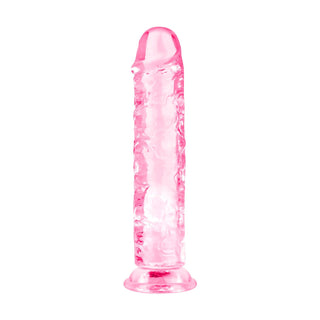 Genomskinlig rosa gelédildo, 18 cm, utan testiklar, med sugkopp i botten.