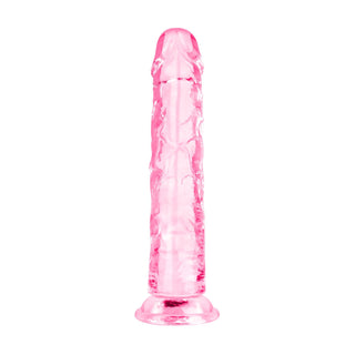 Rosa, genomskinlig gelédildo med utvidgad bas, 18 cm lång, utan testiklar, avbildad i upprätt läge mot en vit bakgrund.