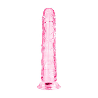 Rosa, genomskinlig gelédildo med utvidgad bas, 18 cm lång, utan testiklar, avbildad i upprätt läge mot en vit bakgrund.