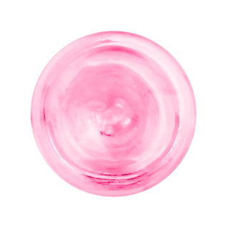 Rosa, rund, glansig gelédildo, 18 cm, slät utformning utan testiklar, sett ovanifrån.