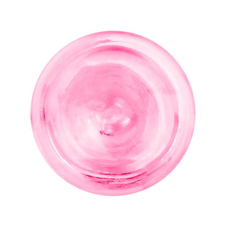 Rosa, rund, glansig gelédildo, 18 cm, slät utformning utan testiklar, sett ovanifrån.