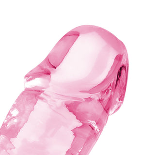 Rosa, genomskinlig gelédildo, 18 cm, med realistisk ollon och skaft; utan testiklar.