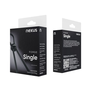 Svart justerbar penisring i silikon, märket Nexus Forge, avbildad i förpackningen med fram- och baksida.
