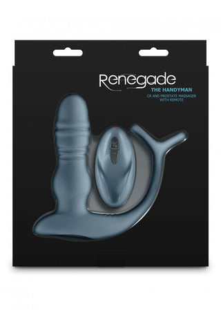NS Novelties Renegade prostatan massageapparat har en trådlös fjärrkontroll, allt elegant förpackat mot en svart bakgrund.