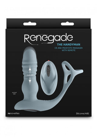 Förpackning av NS Novelties Renegade - The Handyman, en mångsidig cockring och prostata massageapparat med trådlös fjärrkontroll.