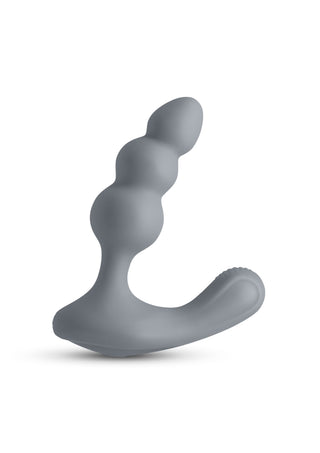 Grå silikonvibrator för prostatan med en strukturerad, böjd bas och ett skaft med pärlor mot en vit bakgrund.