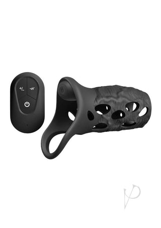 Svart silikonhölje med öppna hål, vibrationsfunktion och elektronisk fjärrkontroll.