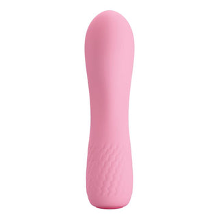 Pretty Love Alice Mini Vibrator är en rosa silikonleksak med en slät, rundad spets och texturerad bas för grepp. Tillverkad av medicinsk silikon, den är helt vattentät, vilket gör den lätt att rengöra.