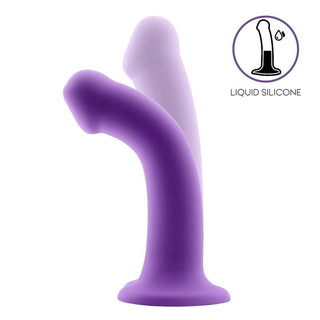 Två lila böjda silikonleksaker, en mörkare, vardera märkt Liquid Silikon Dildo 16 cm.