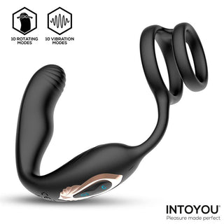 Svart prostatamassager i silikon med 360°-vibration och rotation, fjärrkontroll, logotyp längst ner till höger.