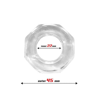Beast Polygon Cockring Klar, ett genomskinligt åttakantigt material med ett cirkulärt ihåligt centrum tillverkat av superflexibelt silikon, visas konstnärligt. Svarta pilar markerar dess innerdiameter vid 22 mm och ytterdiameter vid 45 mm mot en vanlig vit bakgrund, vilket framhäver dess moderna design.