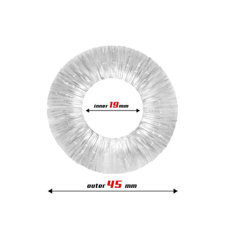 En vy uppifrån av Beast Flexibel Cockring, med ett klart lindat rör med en innerdiameter på 19 mm och en yttre diameter på 45 mm. Mätningar visas i röd och svart text på en vit bakgrund, vilket indikerar dess användning för ökad uthållighet.