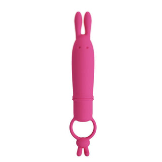 Rosa bulletvibrator i silikon, kaninformad med långa öron och ett rundat handtag vid basen.