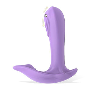 Engily Ross Donnyel Trosvibrator, en premium silikonlila vibrerande vuxenleksak, har en böjd bas och räfflad design för optimal G-punktsstimulering och visas på en vit bakgrund.