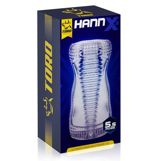 Boxförpackning för Hannx2 Handjob Stroker visar en blå och gul design, med en transparent, strukturerad produkt gjord av högkvalitativ TPR, vilket säkerställer hållbarhet och komfort.