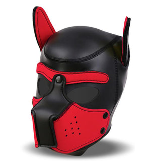 Pup Play Hundmask Neopren är en svart och röd neoprenmask med spetsiga öron, munkorg och ögonöppningar - perfekt för valplek eller för att förbättra din BDSM-utrustningssamling.