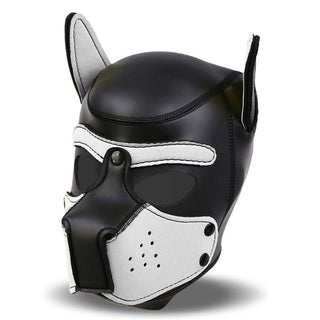 Intoyou Neoprene Hundmask är en svartvit huva med spetsiga öron och munkorg, utformad för att täcka hela huvudet - perfekt för fans av valplekar.