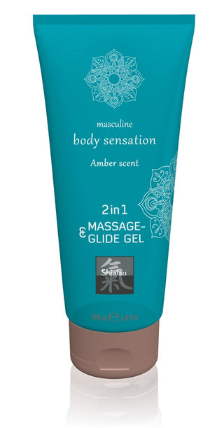Shiatsu 2-in-1 Massage & Glidmedel, teal tube, maskulin bärnstensdoftande body sensation gel, 200 ml.