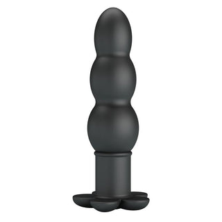 Svart analplugg i mjuk silikon med pärlformad design, 10 vibrationslägen och utsvängd bas mot vit bakgrund.