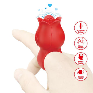 Pretty Love Jae Rose fingervibratorring i rosa silikon med en böjd design; funktionsikoner visas bredvid.