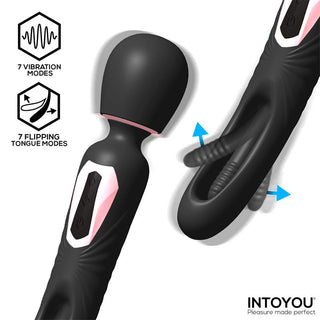 Rosa silikonvibrator med flexibelt huvud och rörligt tungtillbehör; vattentät konstruktion.