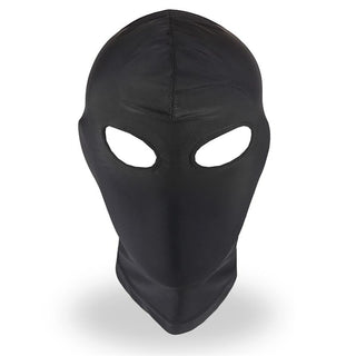 En slät, svart helhuva gjord av elastiskt material har ögonöppningar, liknar en minimalistisk IntoYou BDSM-mask.