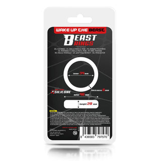 Produktförpackningen för Beast Rings Cockring 3,4 cm är designad med flytande silikon, som visar ett diagram med dimensioner: innerdiameter 34 mm, ytterdiameter 46 mm, tjocklek 6 mm och höjd 20 mm. Den övervägande svarta designen har röd och vit text på flera språk.