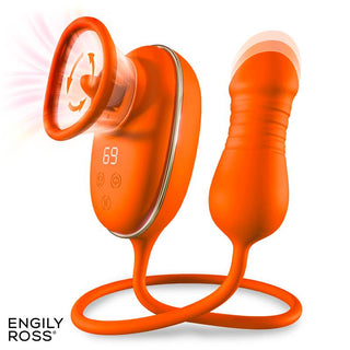 Ljusorange Engily Ross Lizer Pro vuxenleksak med digital display, två tillbehör - varav ett är ett vibrerande ägg - och spiralsladd, med ENGILY ROSS-logotyp.