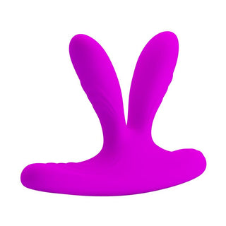 Ljusrosa silikonvibrator med två armar och en böjd bas, utformad för stimulering av G-punkten.