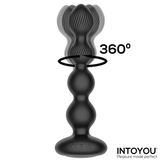 Svart analplugg i silikon med tre kulor, 360°-rotation, vibration och fjärrkontroll. INTOYOU-logotyp längst ner.