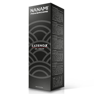 Svart ask med Nanami Extend X Powercore 2XL Cream, 100 ml, med vit text och geometrisk design; en intimkräm för män formulerad för att förbättra komfort och öka självförtroendet.