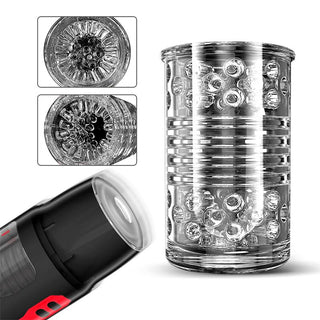 IntoYou Thrusting Masturbator från Pyro Edition har en strukturerad transparent cylinder som framhäver intrikata inre mönster, tillsammans med en närbild som visar upp dess designfinesser.