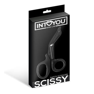 Säkerhetssax för Bondage i förpackning märkt INTO YOU BDSM LINE SCISSY, med svartvitt design. Perfekt för säker bondage med medicinsk kvalitet du kan lita på.