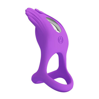 Silas Vibrerande Penisring är en lila silikonring med en stiliserad handdesign, med 7 vibrationslägen, en silverströmknapp och USB-uppladdningsbar funktionalitet för intim användning.