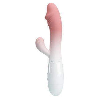 Kaninvibrator i rosa och vit silikon med böjt skaft, G-punktsstimulerande arm och 30 inställningslägen.