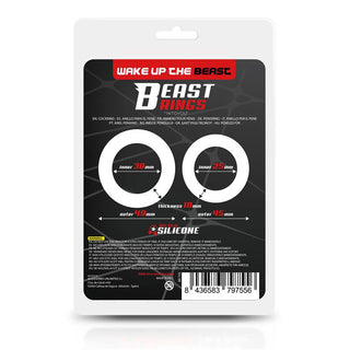 Beast Rings Double Penisring-förpackningen visar ringens mått, funktioner och streckkod på en svartvit bakgrund. Denna dubbla penisring är tillverkad av solid silikon och garanterar kvalitet och komfort i en elegant förpackning.