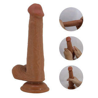 Brun Tallen Sliding Skin dildo 22 cm med sugkopp, realistisk design i hudliknande material, visas på tre bilder.