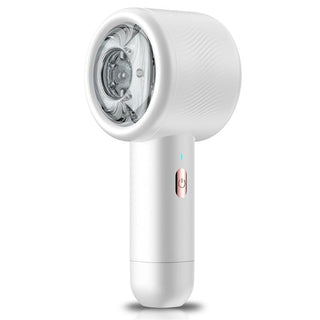 Vit handhållen masturbator för män med ett transparent runt huvud och en strömknapp på framsidan.