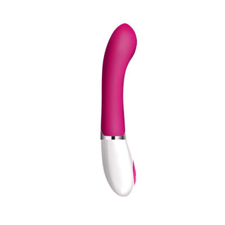 Rosa och vit silikonvibrator med rundad spets, utformad för stimulering av G-punkten.