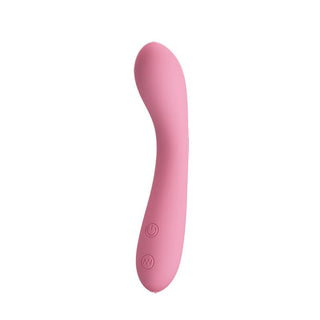 Rosa silikonböjd vibrator med två kontrollknappar, visas på en vit bakgrund.