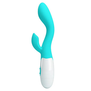 PrettyLove Brighty Rabbitvibratorn är en turkos och vit vibrator i kroppssäkert silikon med dubbla motorer, en böjd axel för G-punktstimulans och en extern stimulator.