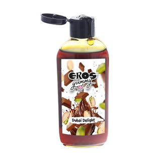En 100 ml flaska EROS Dubai Delight Glidmedel med bilder av choklad och pistage på etiketten.