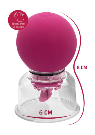 Rosa klitorisvibrator med en genomskinlig 6 cm lång bas och en 8 cm lång bulb, utformad för att ge ett mjukt sug när den kläms.