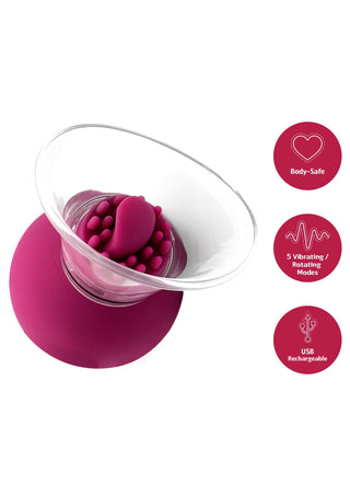 Klitorisvibrator i rosa silikon med strukturerad design, USB-uppladdningsbar; tillverkad av kroppssäkra material.