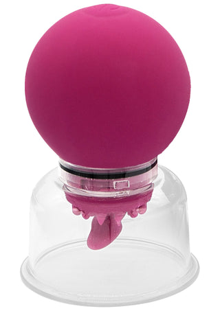 Rosa, sfärisk vibrator med genomskinlig sugkoppsbas och slät yta.